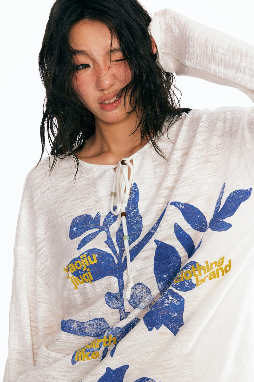 1997 POSTOFFICE Sesame Leaves Drawstring Neck Long-Sleeve Tee