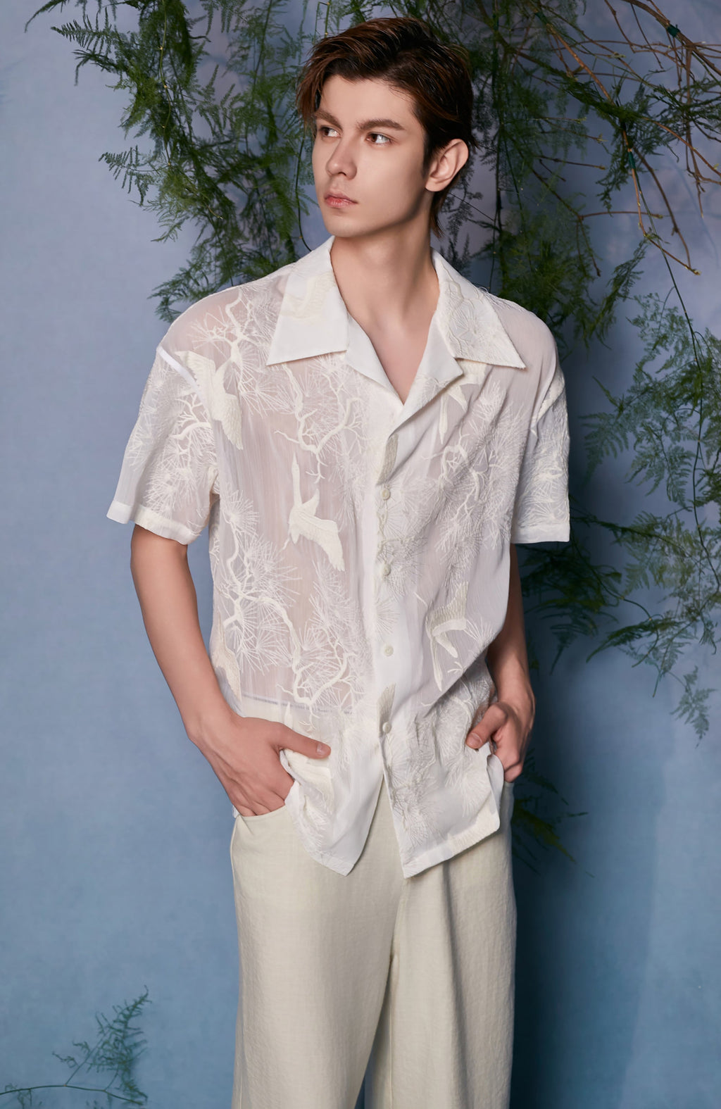 JIECHI Sheer Crane Embroidered Half Shirt