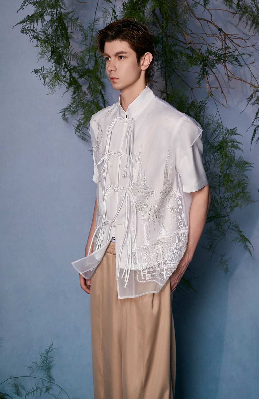 JIECHI Mandarin Embroidered Mesh Panel Half Shirt