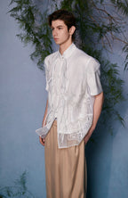 JIECHI Mandarin Embroidered Mesh Panel Half Shirt