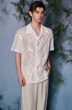JIECHI Sheer Crane Embroidered Half Shirt