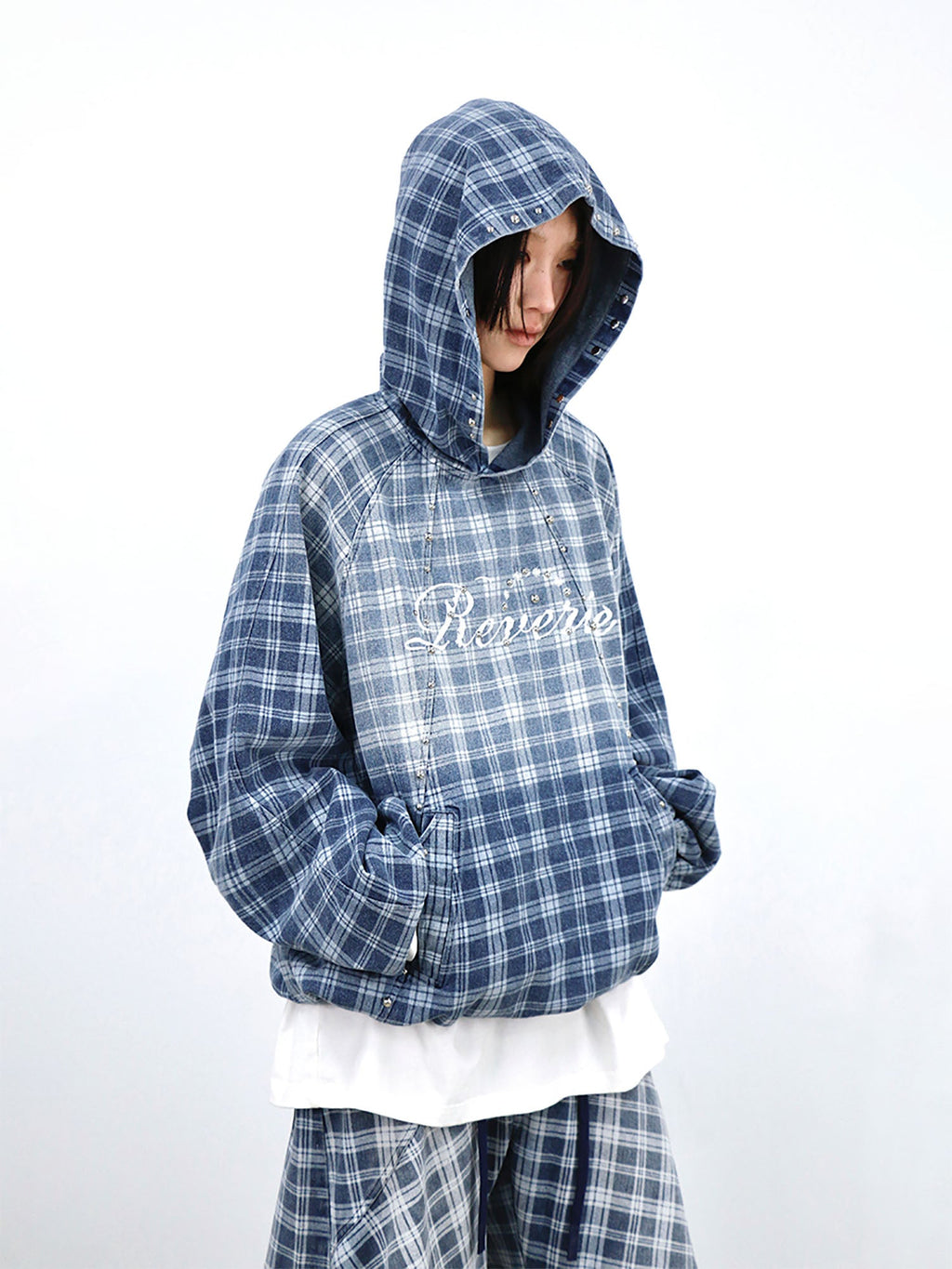 RELABEL Plaid Rivet Paneled Faded Hoodie