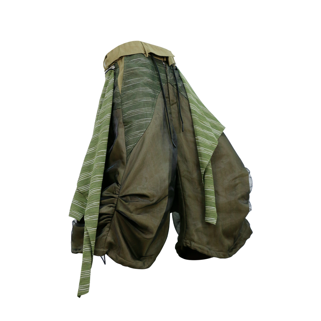 RELABEL Detachable Striped Drape Ruched Oversized Shorts Green
