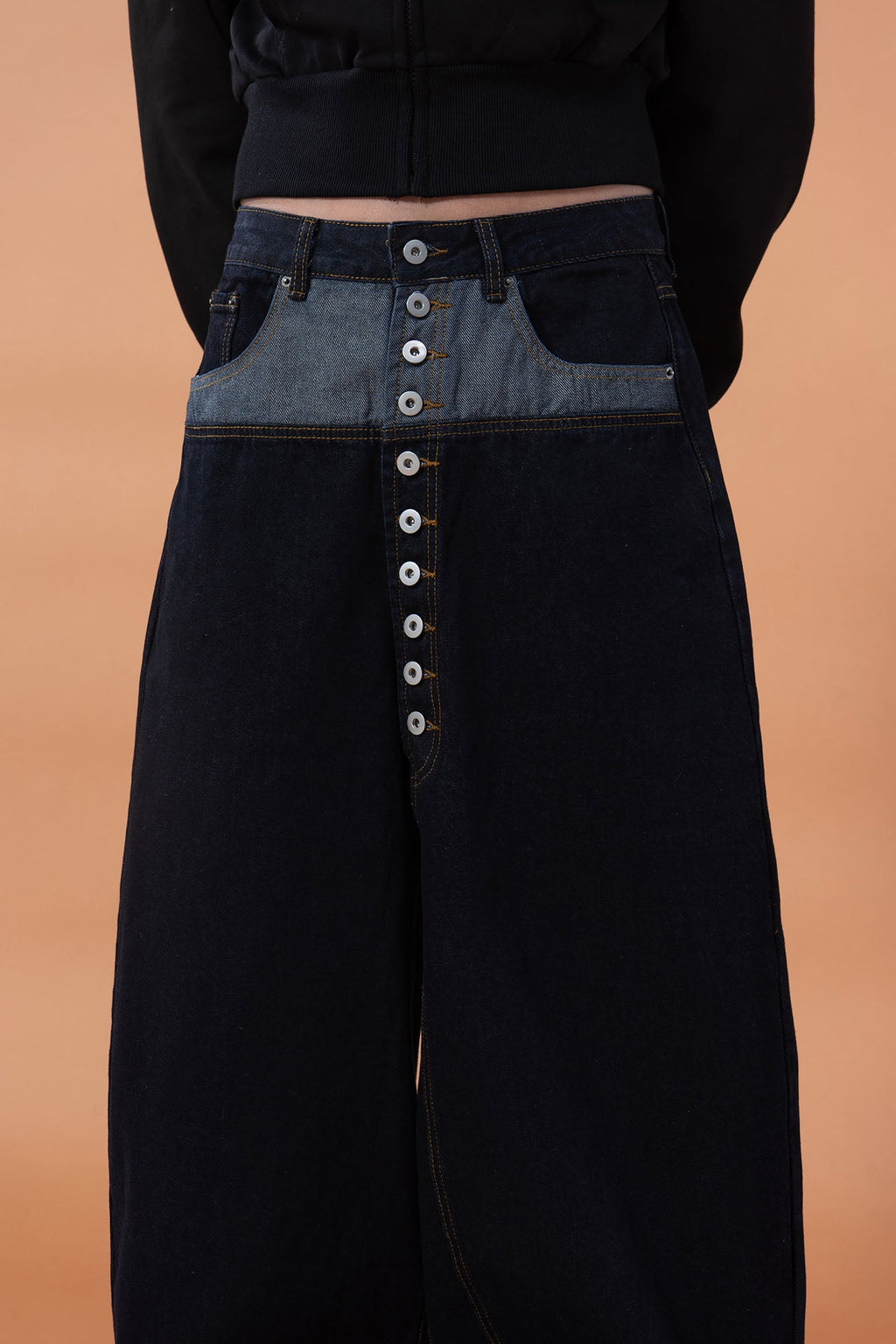 CLP Contrast-Waist Botton-Fly Oversized Raw Jeans