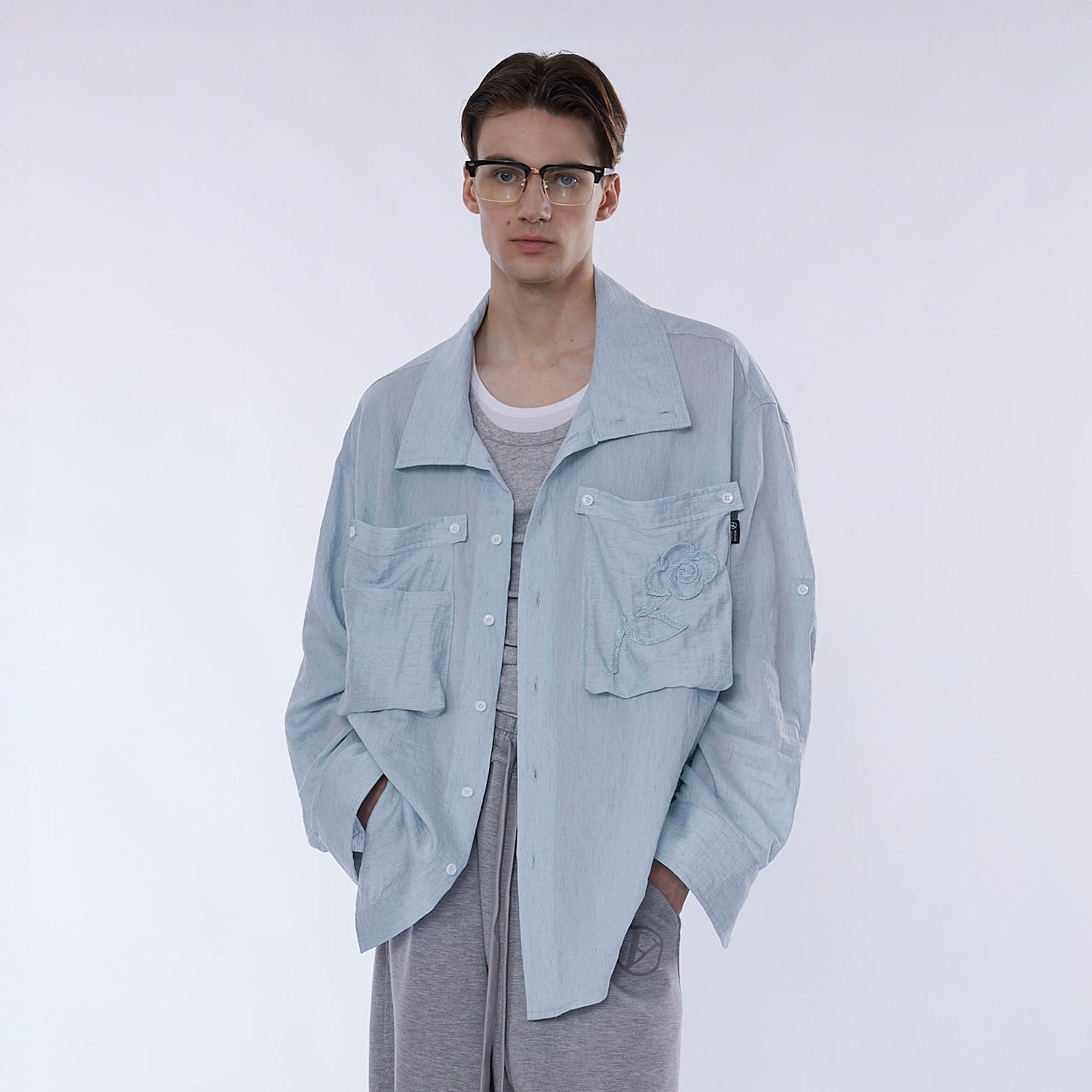 ASSEEN Rose Embroidered Pocket Linen-Blended Overshirt