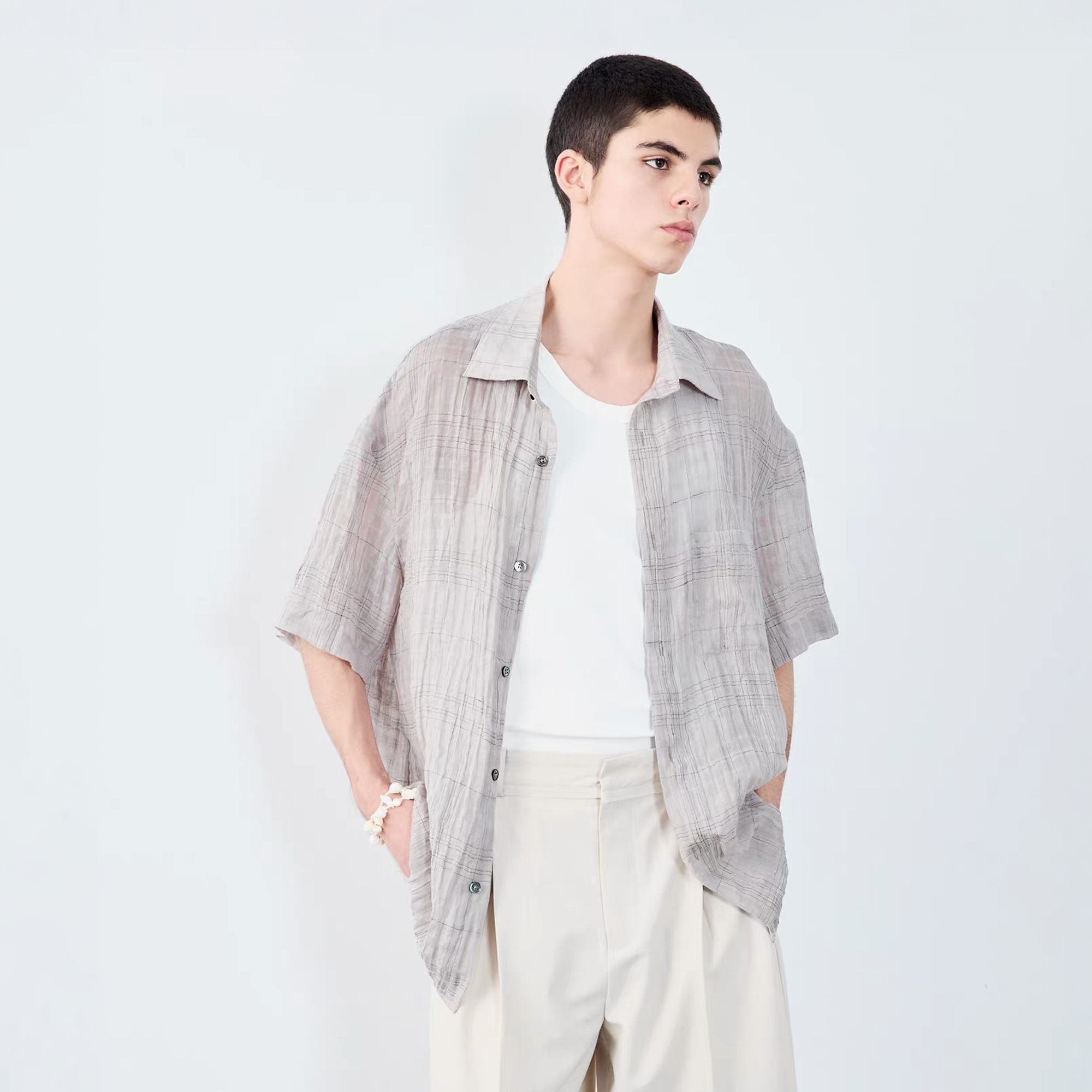 GRAINMUSTARD Linen-Cotton Plaid Half Shirt