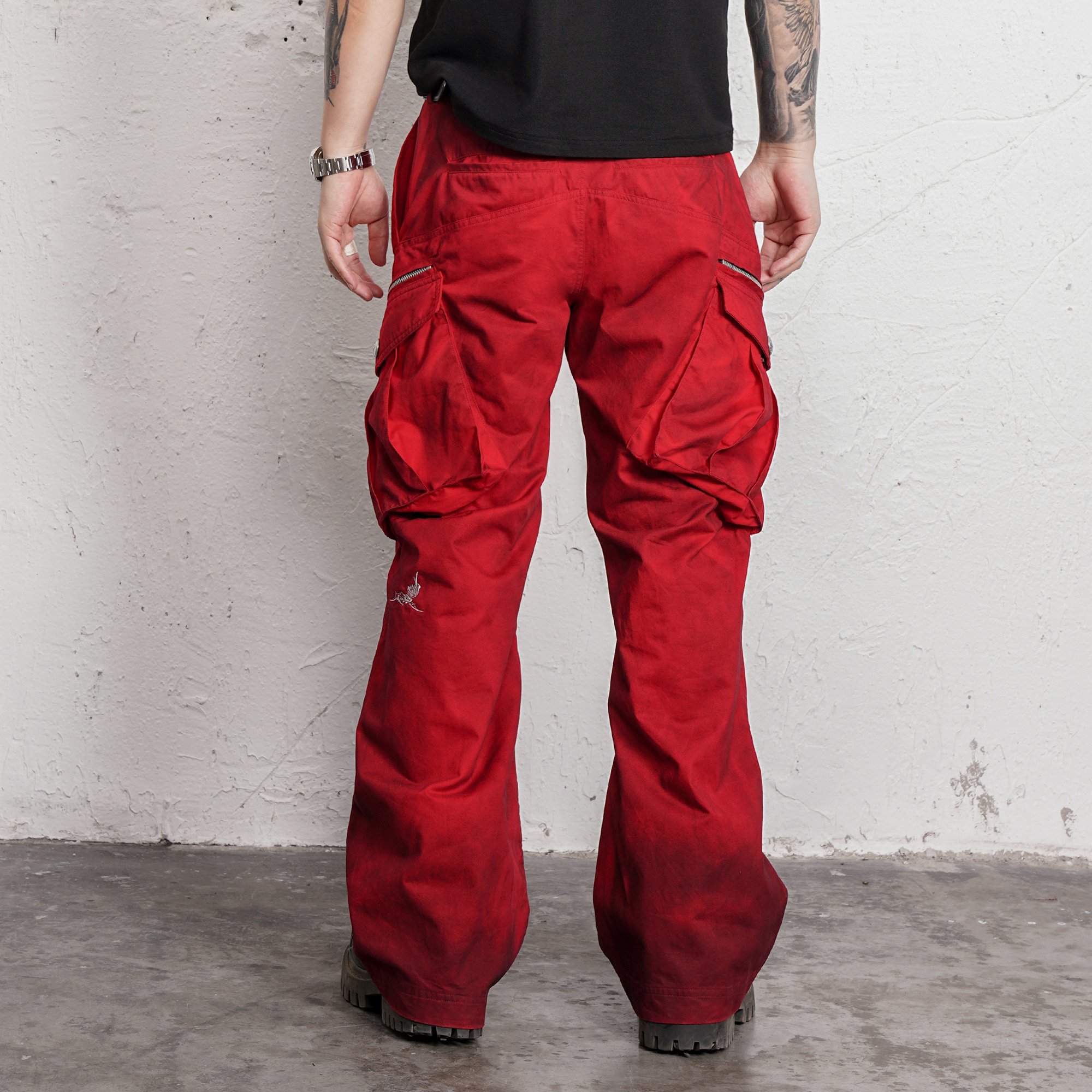 UNDERWATER Burnt Red Dirty-Dyed Moleskin Cargo Pants