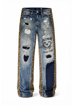 FACEONLAB Leopard Panel Distressed Straight-Leg Jeans