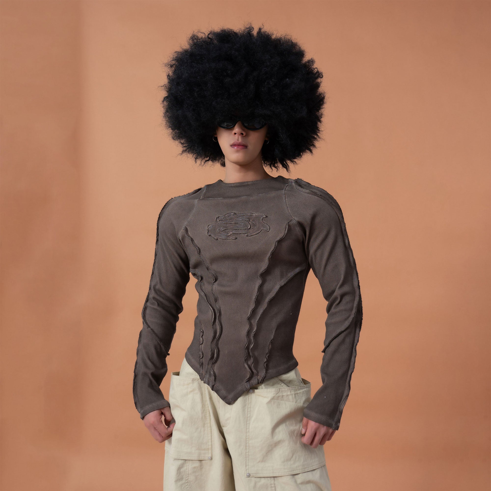 CLP Distressed Raw-Seam Paneled Long-Sleeve Tee