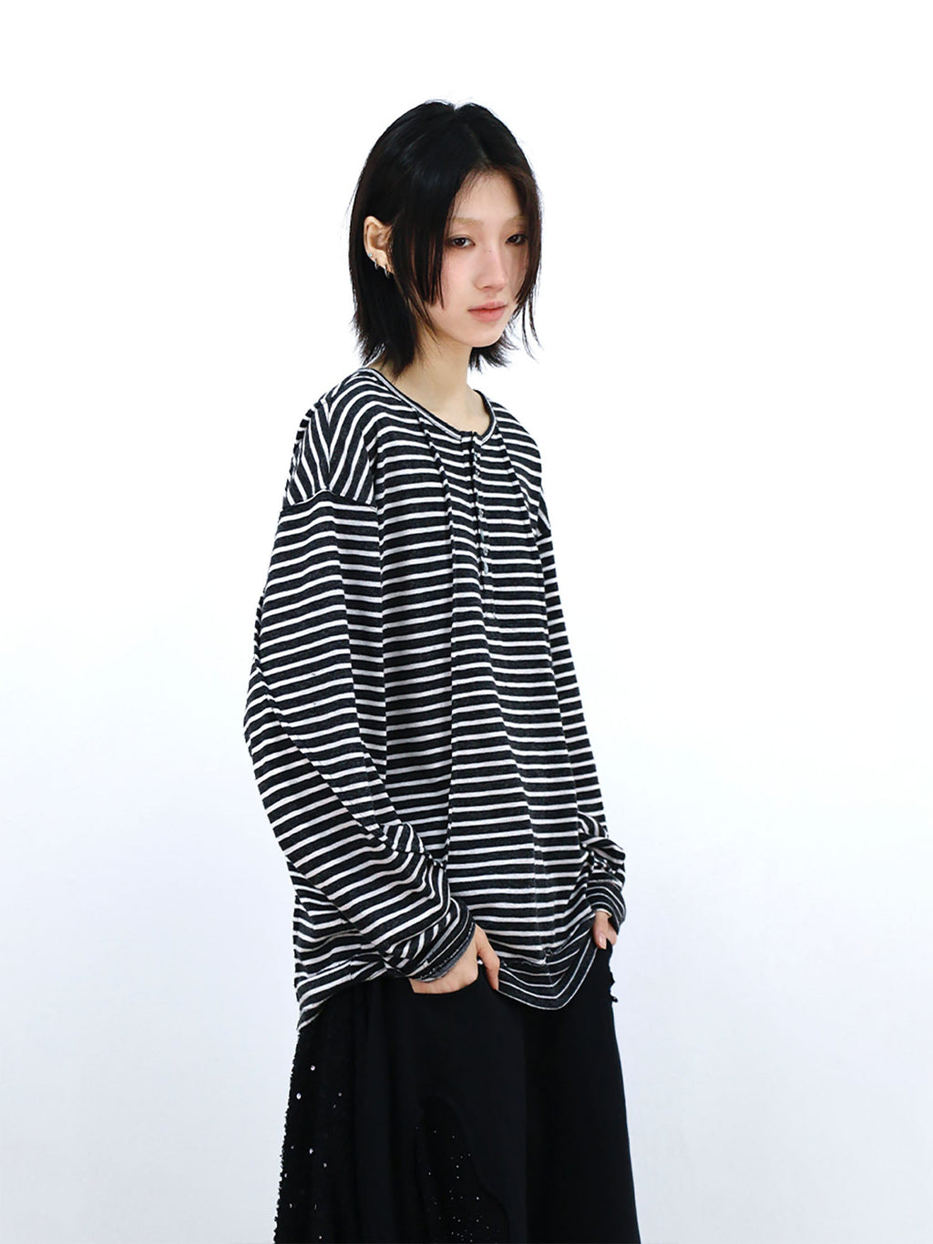 RELABEL Striped Pleated Henley Long-Sleeve Tee
