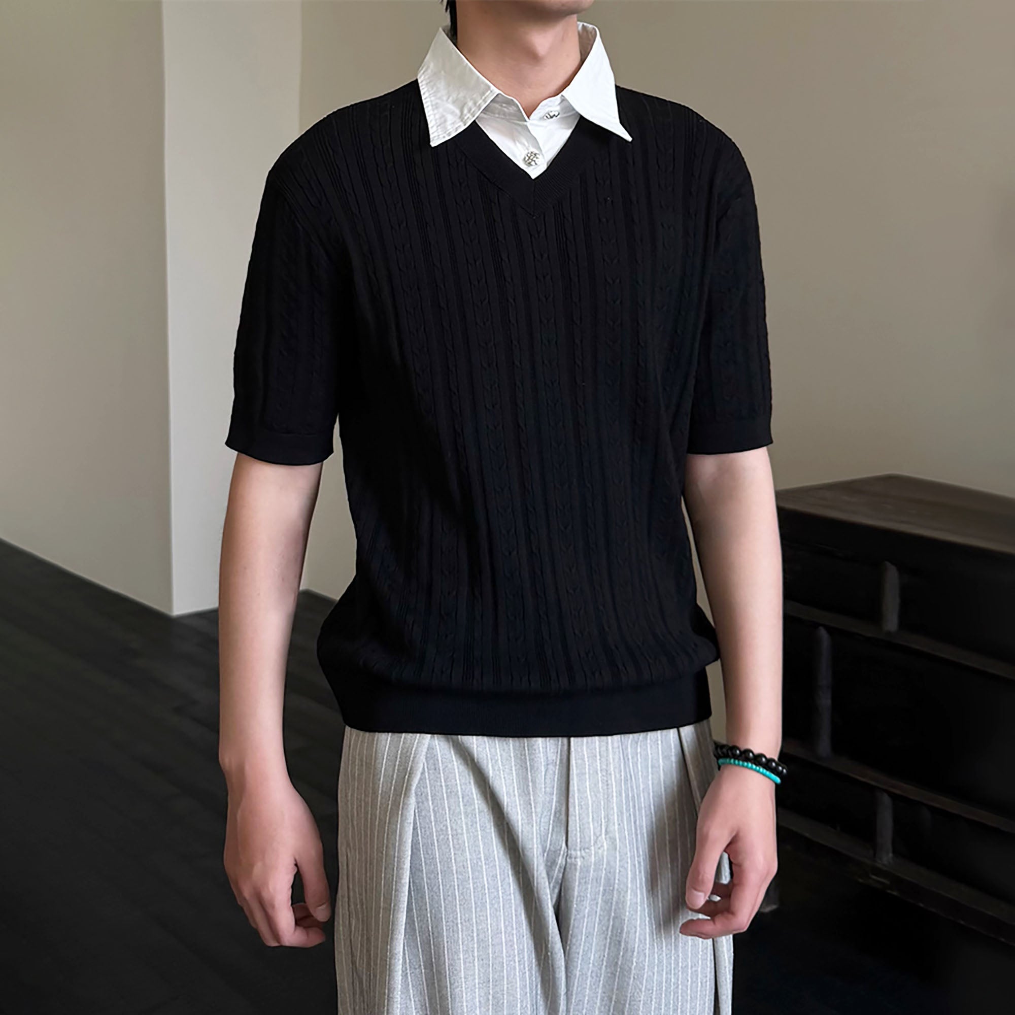 KREATE Faux Layered Cable-Knit Half Shirt