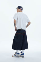 DND4DES Star-Rivet Harness-Layered Denim Shorts