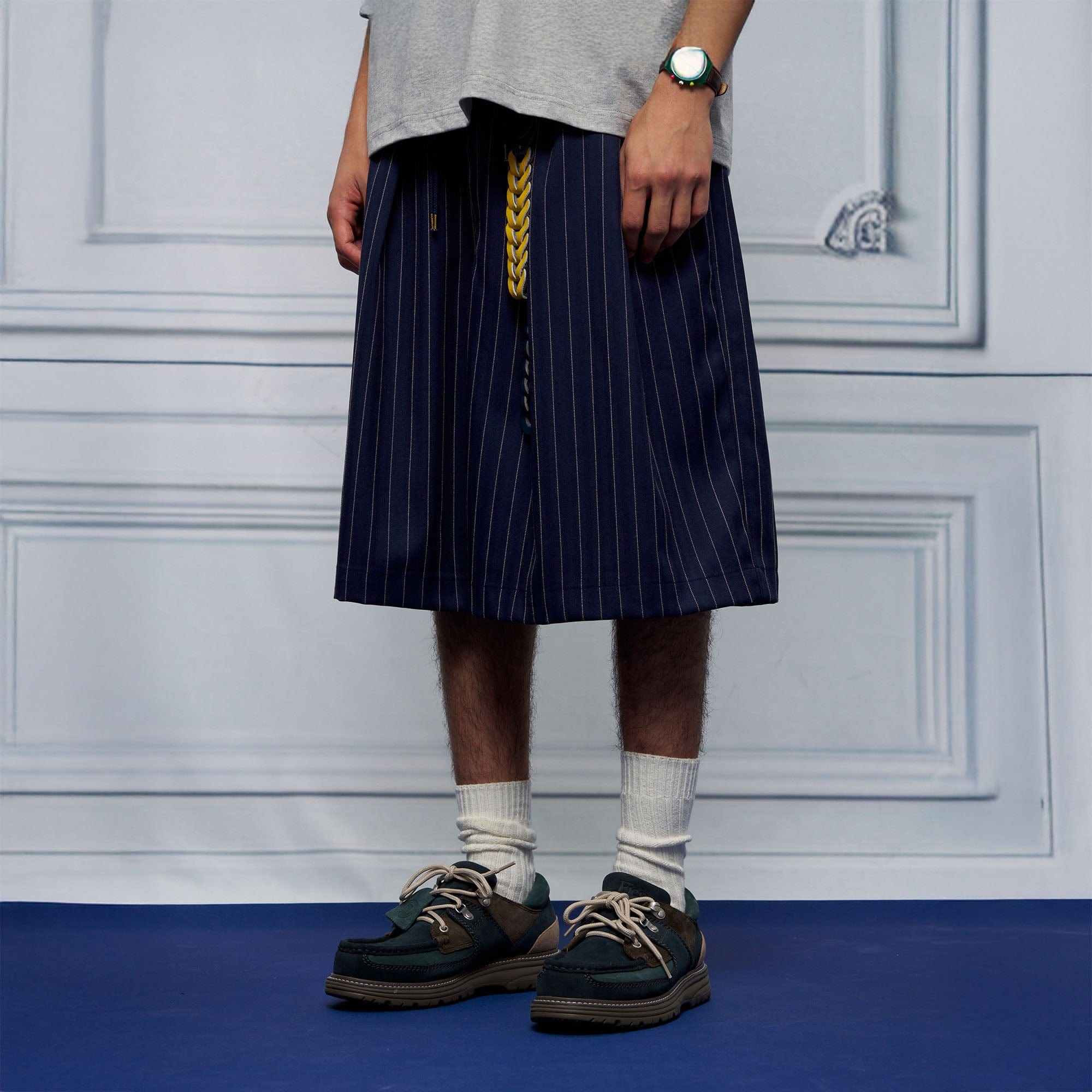 UNLIMITED MOTE Pleated Wide-Leg Drawstring Shorts Stripe