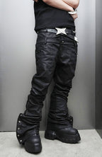 SSIN7 Double Waist Waxed Zip Flared Jeans