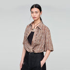 OPICLOTH Retro Woodgrain Full-Print Ruffle Half Shirt