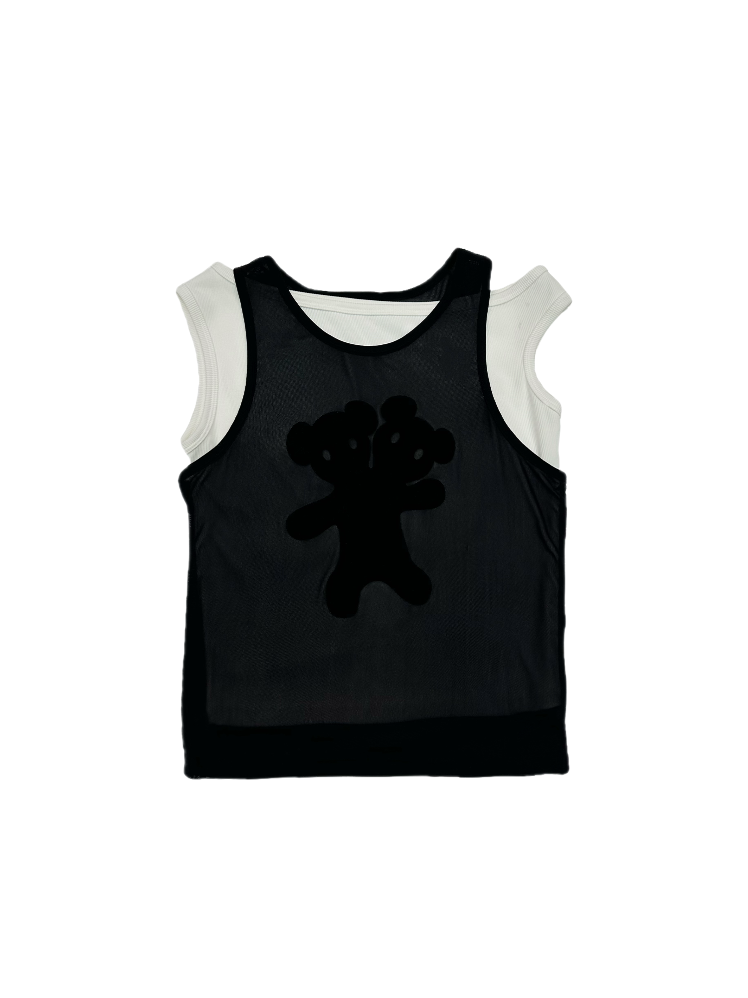 KADAKADA Flocked Bear Mesh One-Shoulder Ribbed Tank Set