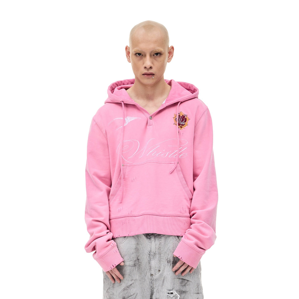 WHISTLEHUNTER Distressed Embroidered V-Neck Hoodie