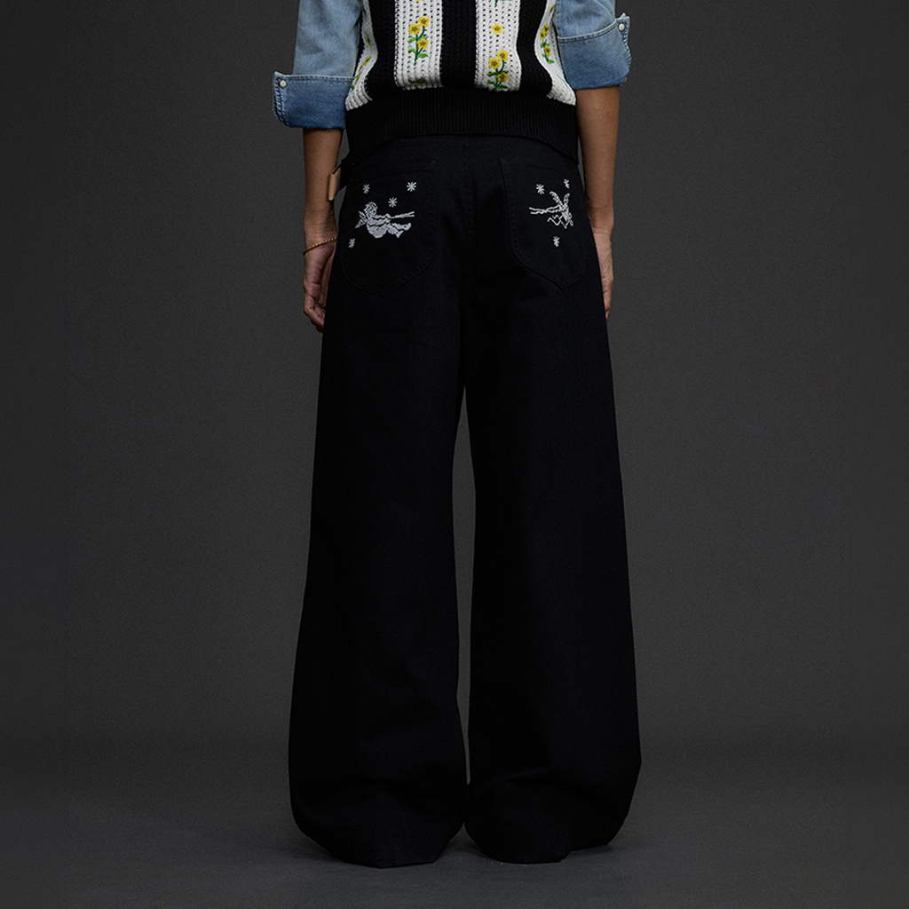NIANJIUYIKOUER Embroidered Wide-Leg Twill Pants
