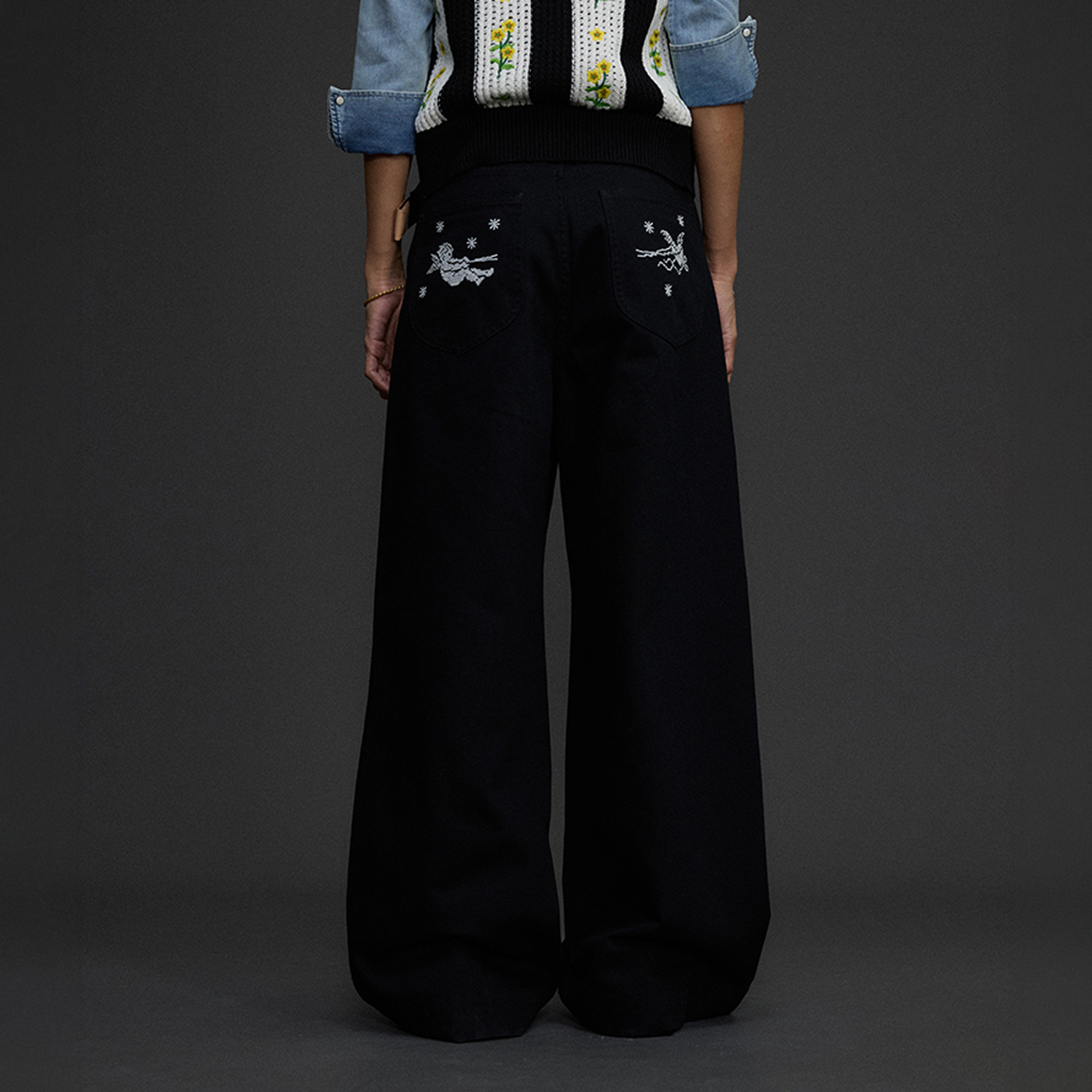 NIANJIUYIKOUER Embroidered Wide-Leg Twill Pants