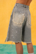 CLP Diamond Fringe Strap Belt Denim Shorts Blue