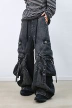 RELABEL Washed Paneled Strap Oversized Cargo Jeans Black