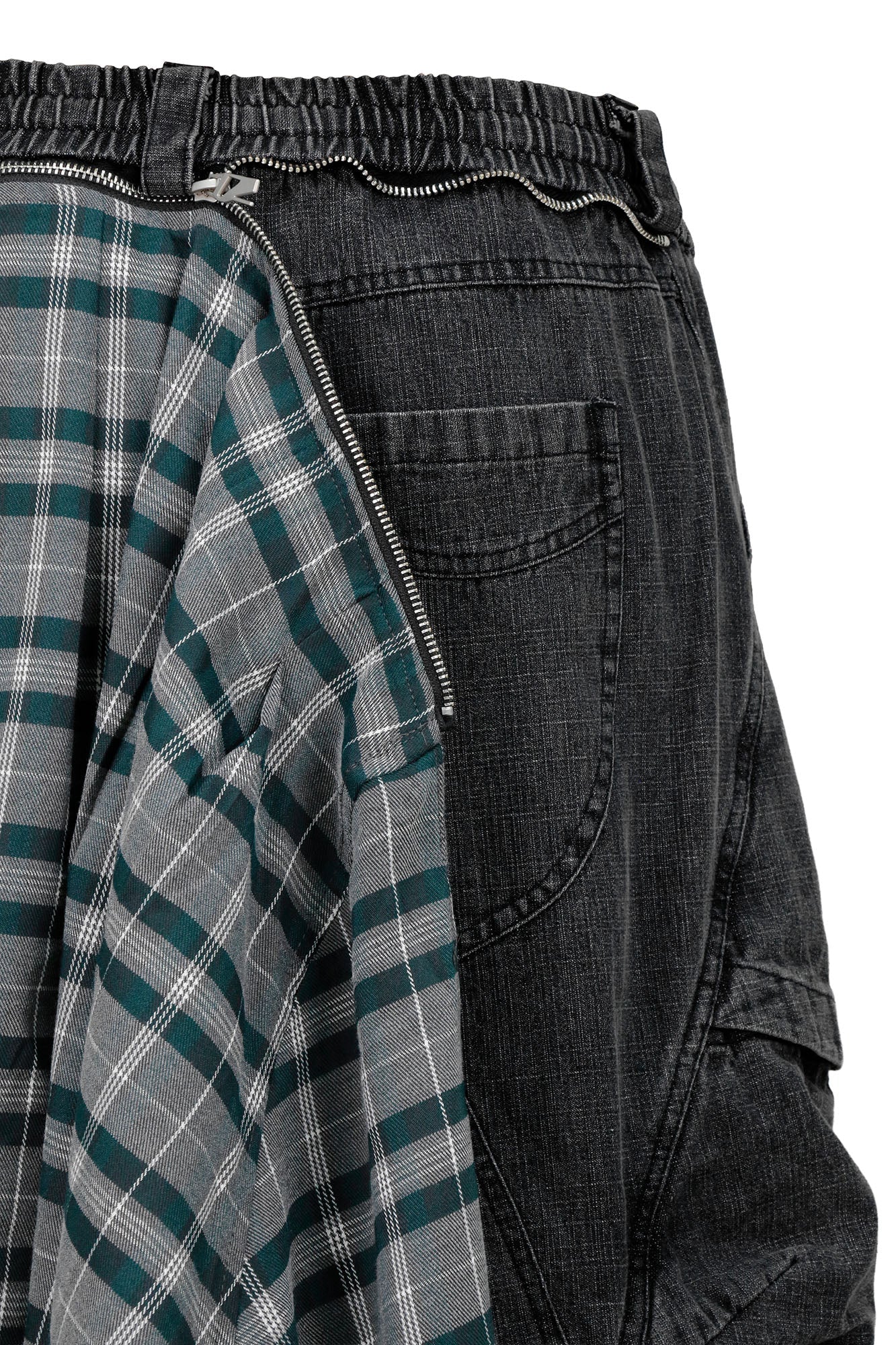 RELABEL Detachable Plaid Drape Oversized Denim Shorts