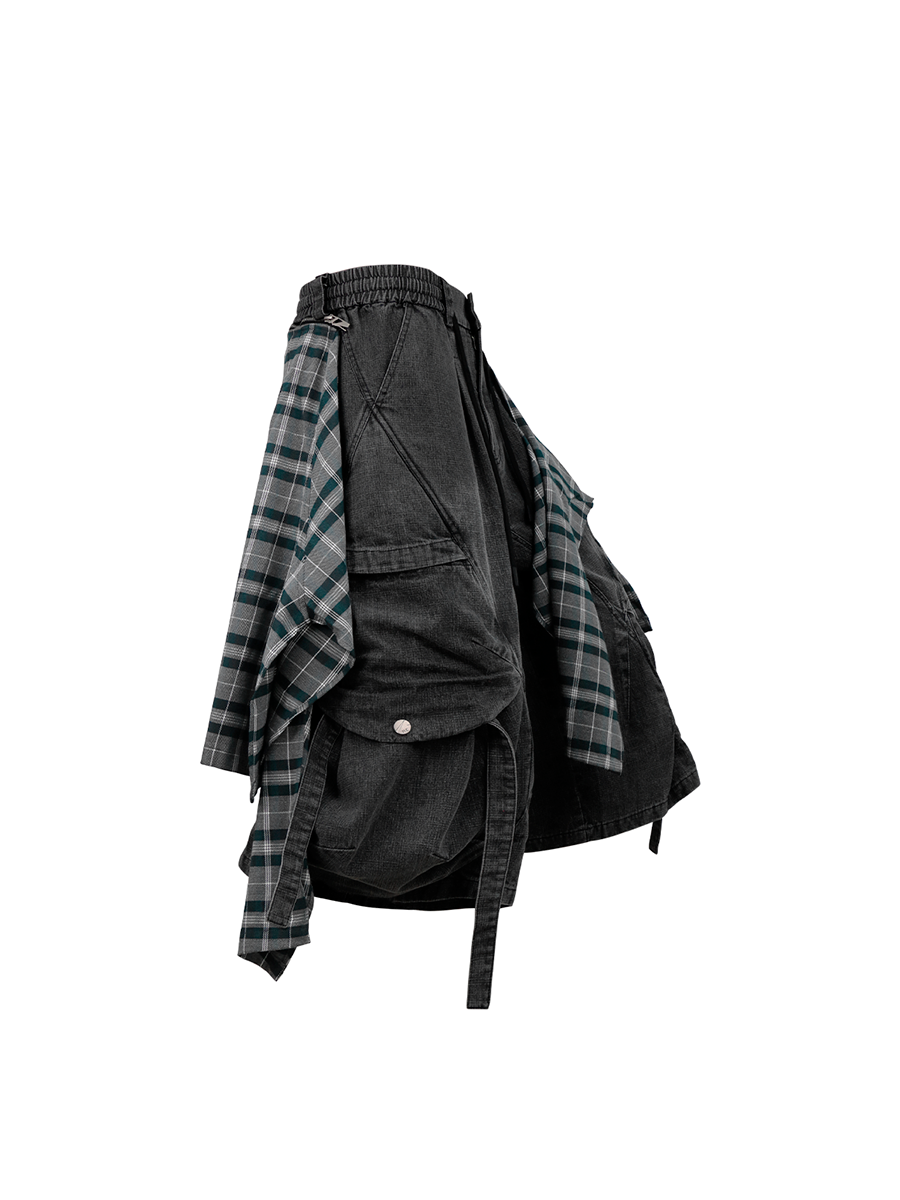 RELABEL Detachable Plaid Drape Oversized Denim Shorts