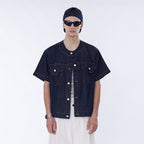ASSEEN Flower Patchwork Stitched Raw Denim Half Shirt