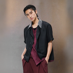 ALVNG AR ANTS Asymmetrical Contrast Spliced Linen Half Shirt