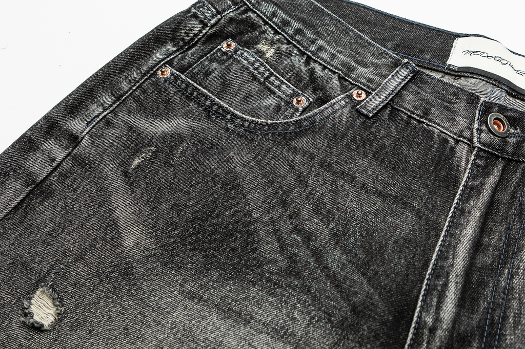 ME DA IGUAL Washed Destroyed Patch Straight-Leg Jeans
