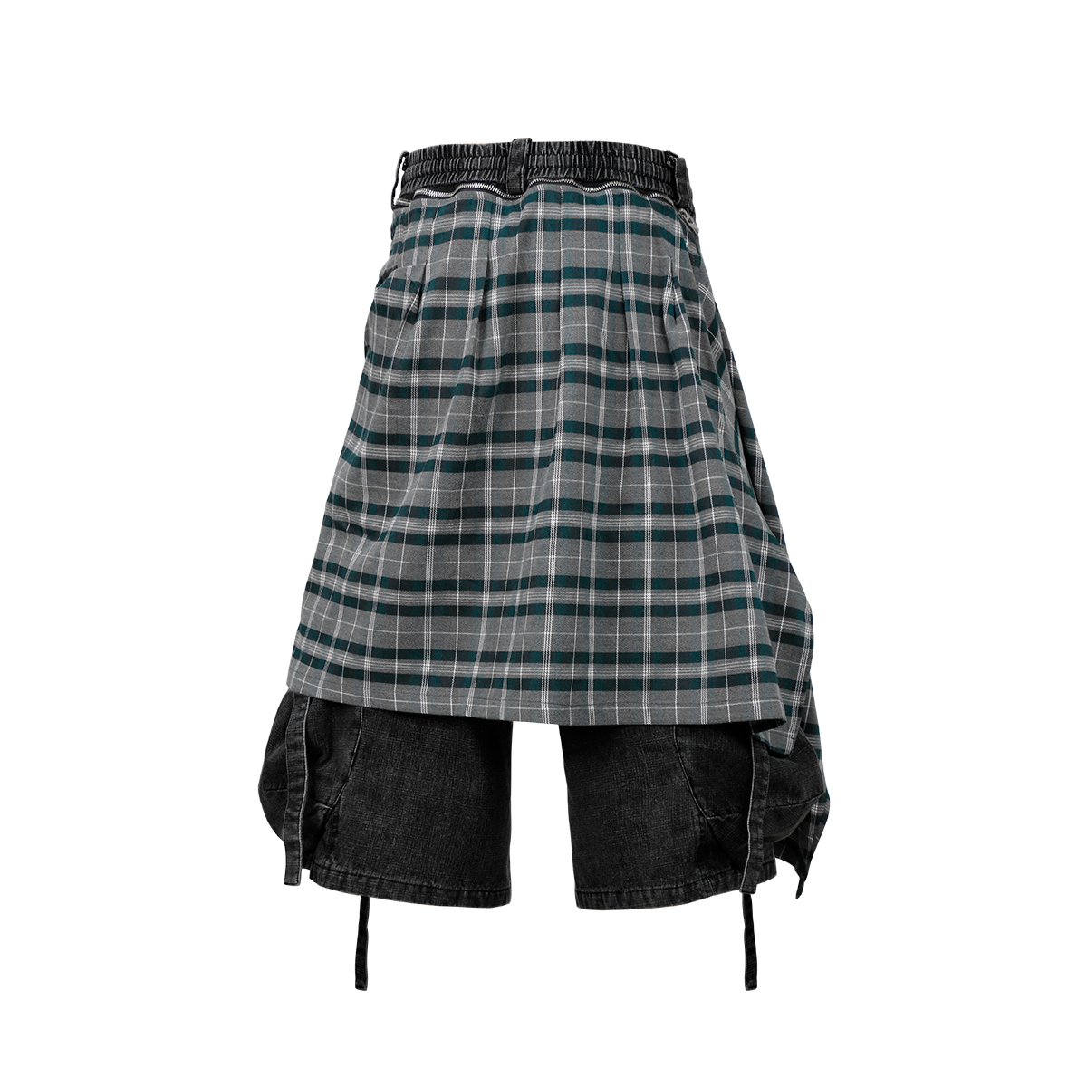 RELABEL Detachable Plaid Drape Oversized Denim Shorts