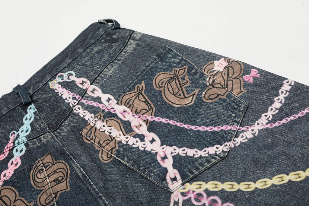 CLP Beaded Chain Graphics Wide-Leg Denim Shorts