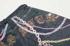 CLP Beaded Chain Graphics Wide-Leg Denim Shorts