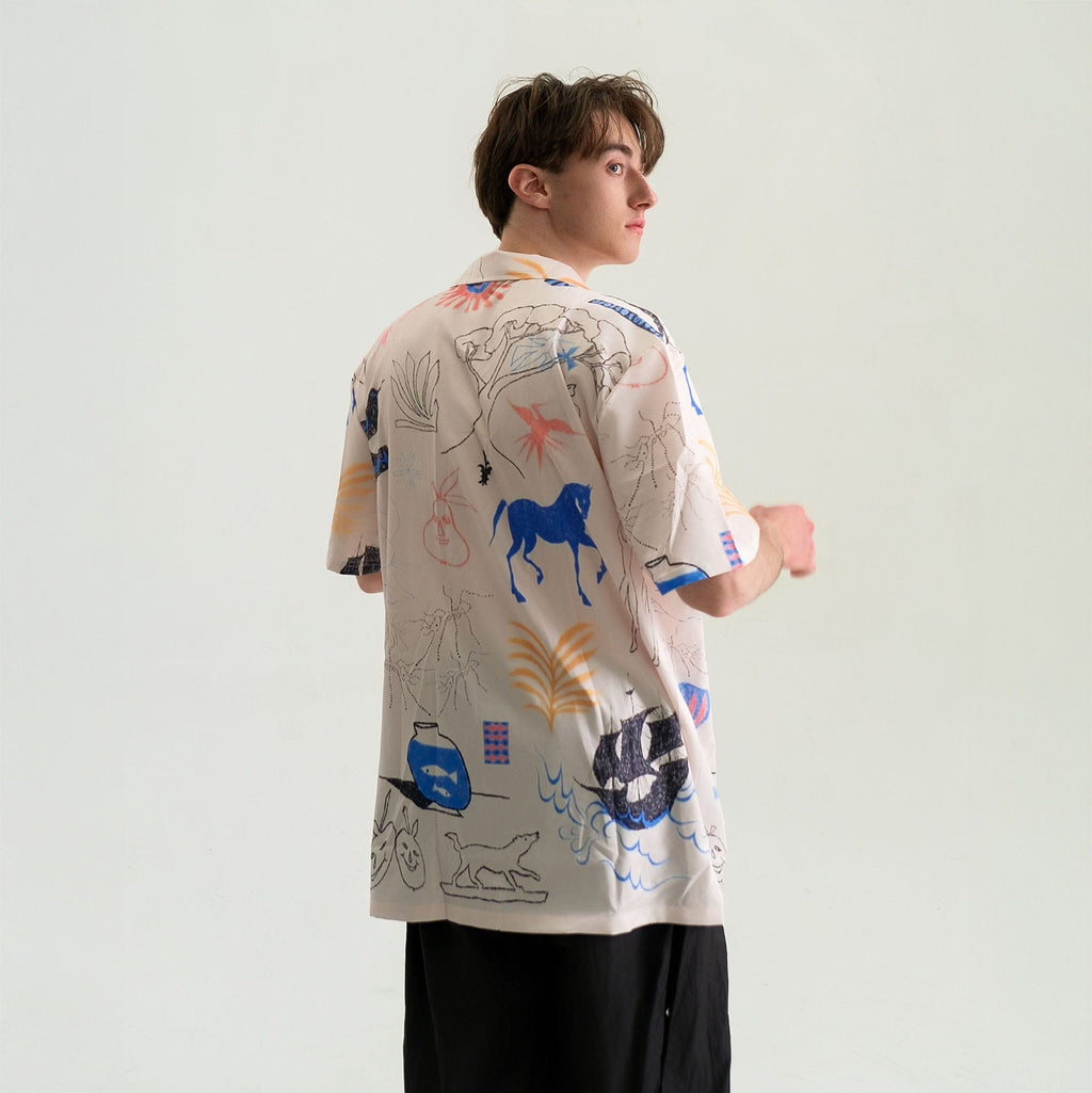 WIID Doodle Sketch Full-Print Cuban Half Shirt
