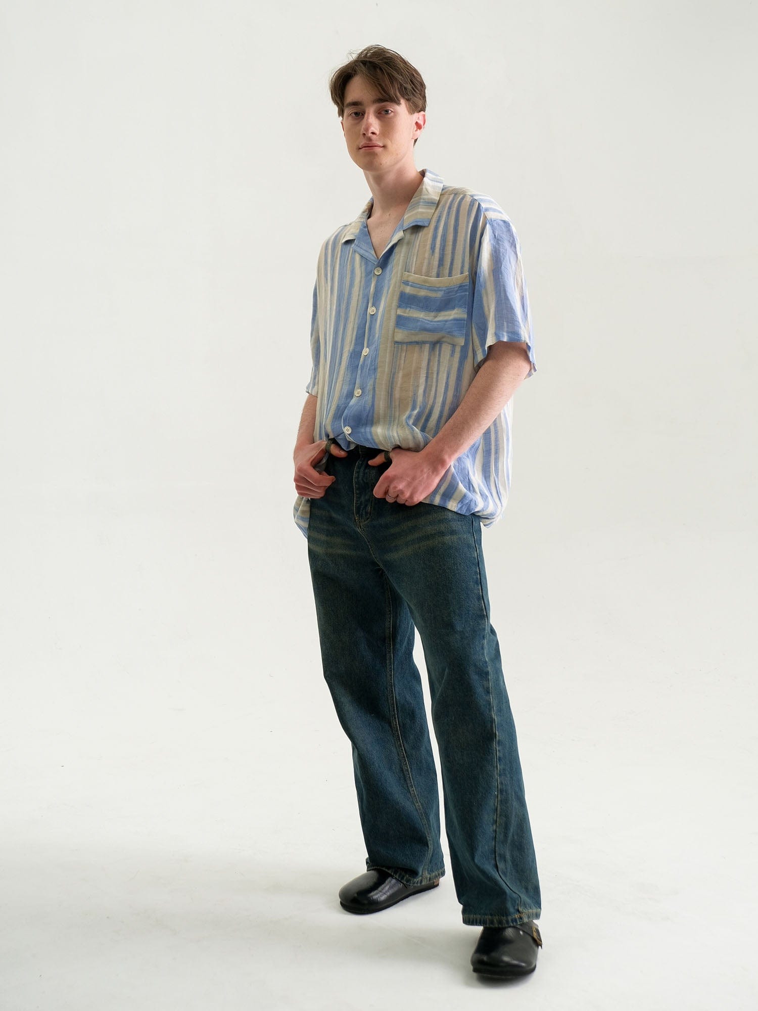 WIID Contrast Stripe Tencel Cuban Half Shirt