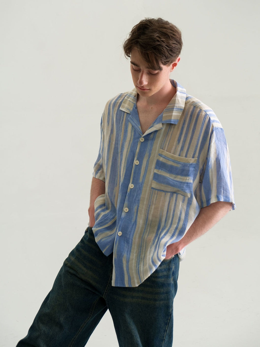 WIID Contrast Stripe Tencel Cuban Half Shirt