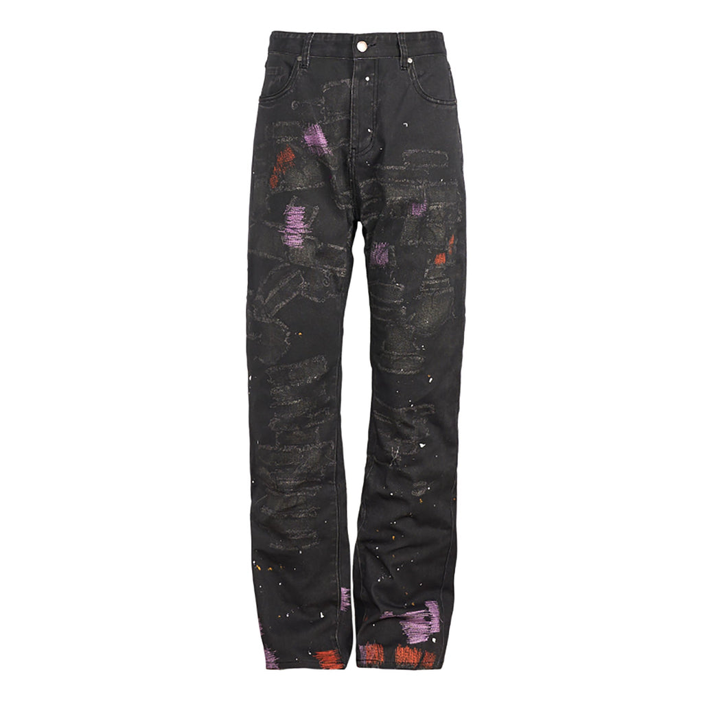 PMW Distressed Brush-Paint Straight-Leg Jeans