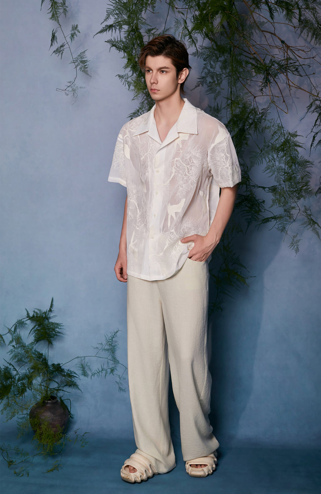 JIECHI Sheer Crane Embroidered Half Shirt