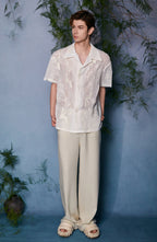 JIECHI Sheer Crane Embroidered Half Shirt