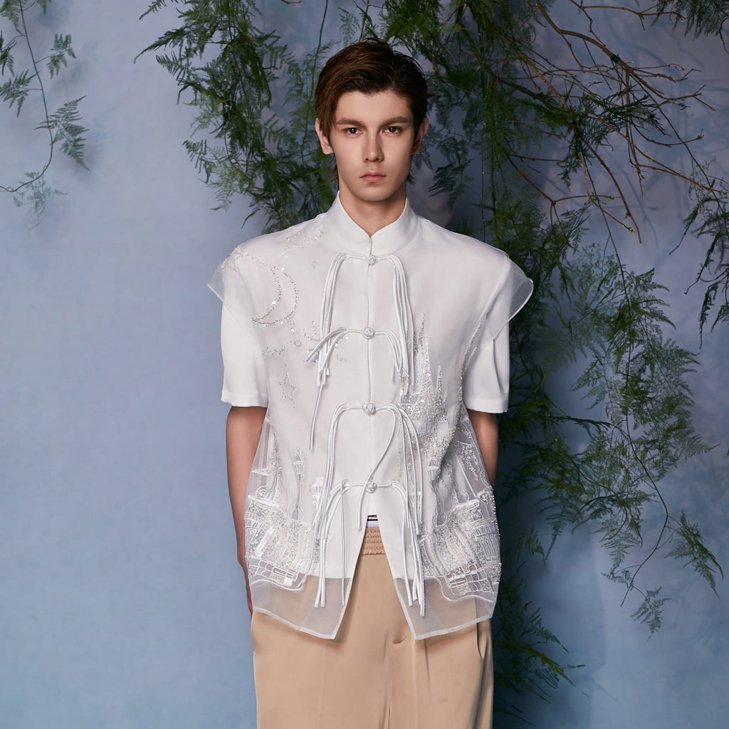 JIECHI Mandarin Embroidered Mesh Panel Half Shirt