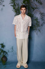 JIECHI Sheer Crane Embroidered Half Shirt