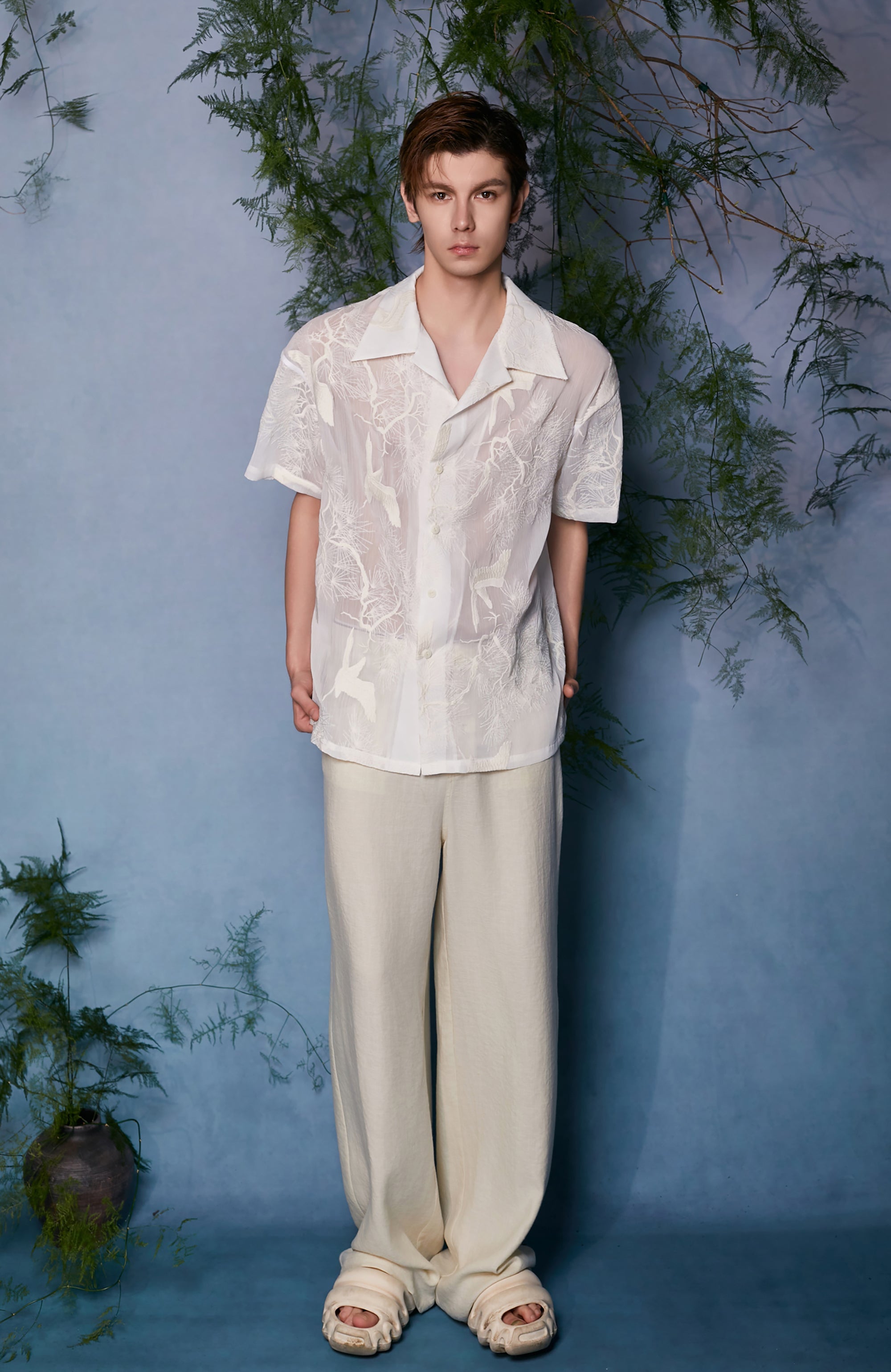 JIECHI Sheer Crane Embroidered Half Shirt