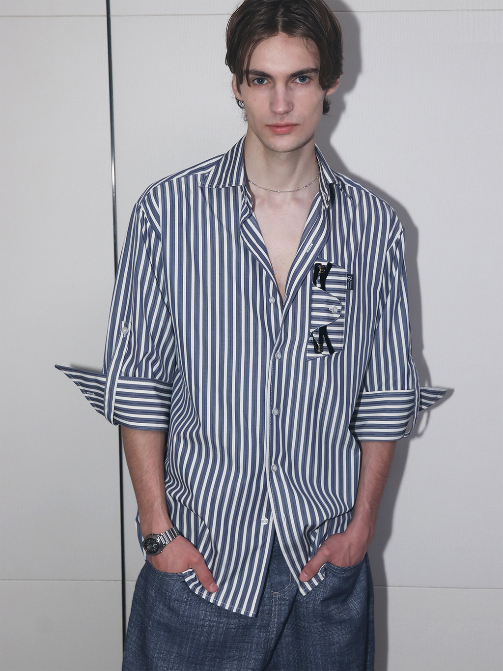ASSEEN Striped Glasses Pocket Half Shirt Blue