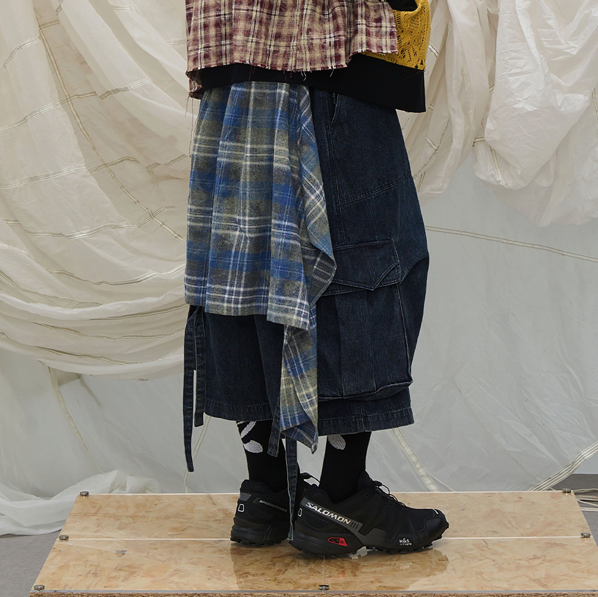 RELABEL Detachable Plaid Drape Denim Shorts