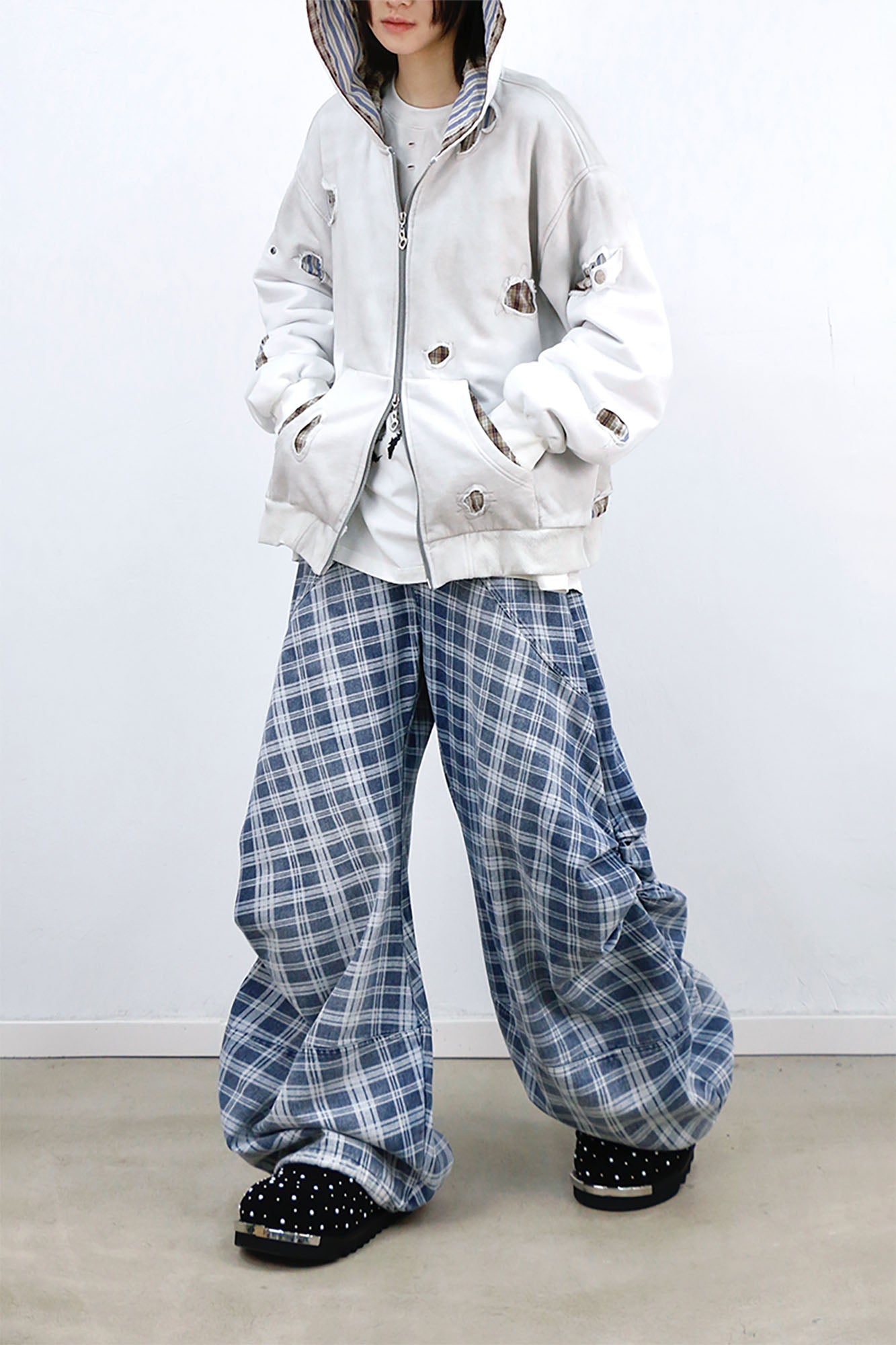 RELABEL Washed Plaid Paneled Oversized Jeans