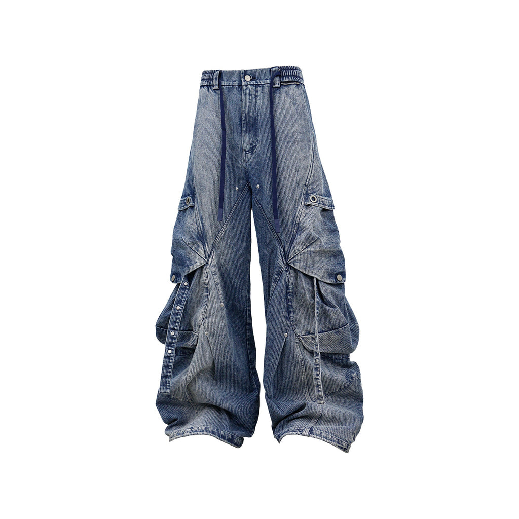 RELABEL Washed Paneled Strap Oversized Cargo Jeans Blue