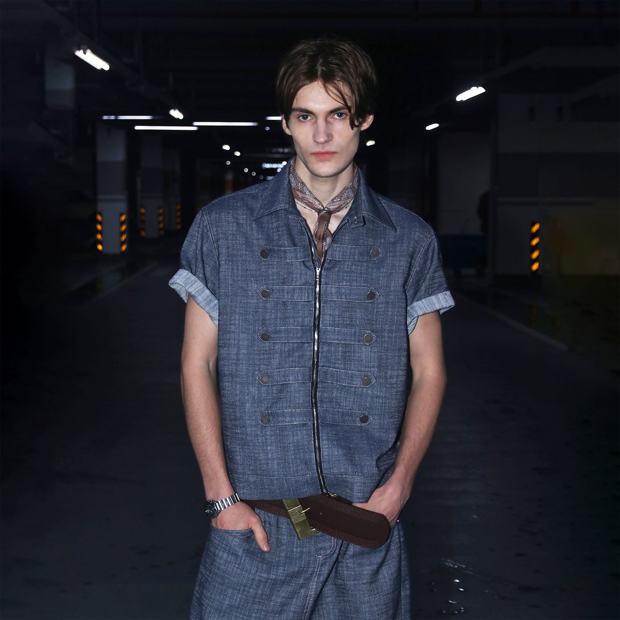 ASSEEN Linen-Blend Coin Button Denim Half Shirt