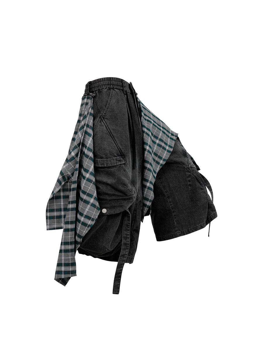 RELABEL Detachable Plaid Drape Oversized Denim Shorts