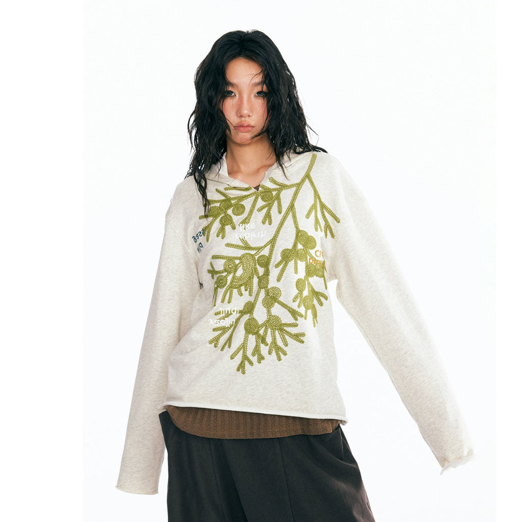 1997 POSTOFFICE Sesame Leaf Embroidered V-Neck Hoodie