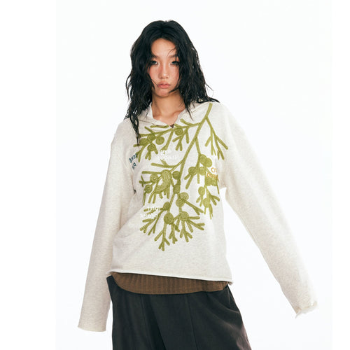 1997 POSTOFFICE Sesame Leaf Embroidered V-Neck Hoodie